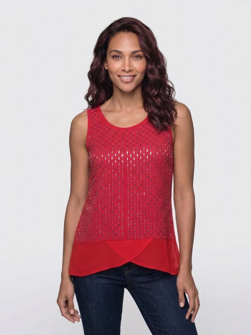 Design History Red Sleeveless Tank Top with Beaded Front and Overlay Hem